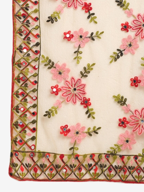 Sugathari Beige & Pink Embroidered Dupatta with Mirror Work - Image 2