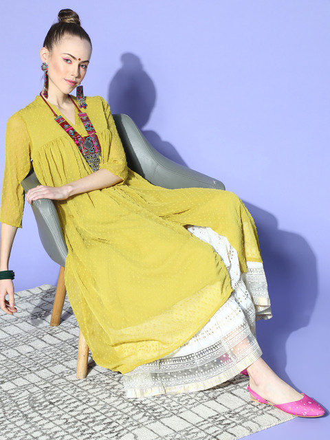 Janasya Elegant Mustard Woven Design Dobby Weave Kurta
