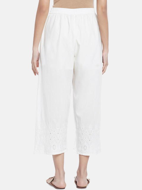 RANGMANCH BY PANTALOONS Women Off-White Hem Design Cropped Ethnic Pure Cotton Palazzos - Image 3