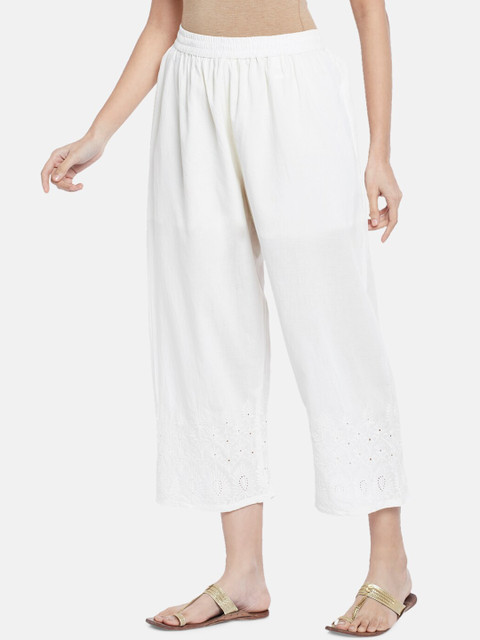 RANGMANCH BY PANTALOONS Women Off-White Hem Design Cropped Ethnic Pure Cotton Palazzos - Image 2