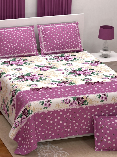 Aura Purple & Cream-Coloured Floral 200 TC King Bedsheet with 2 Pillow Covers