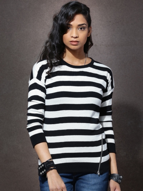 Roadster Women Black & White Striped Sweater