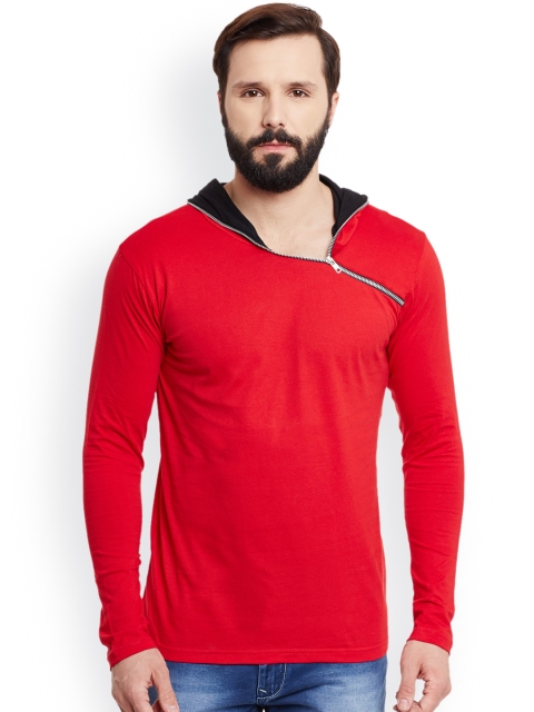 Solid Men's Hooded Black, Red T-Shirt