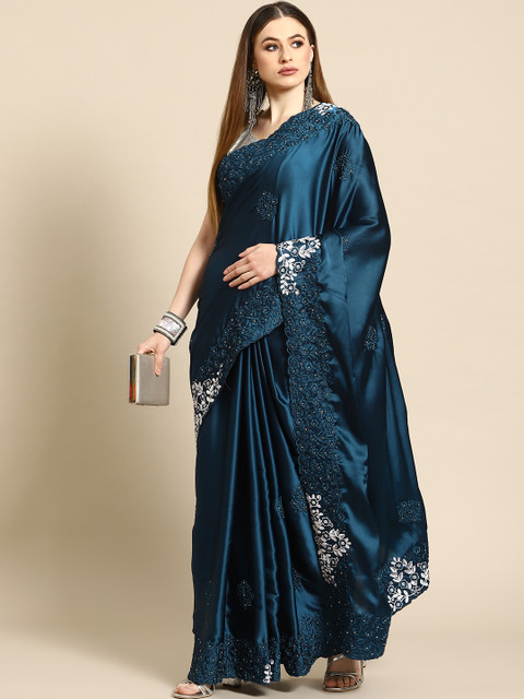 Anouk Blue Floral Embroidered Satin Saree