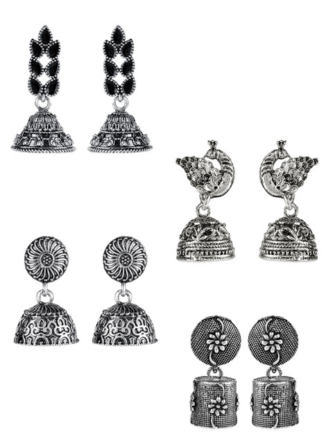 Yellow Chimes Set Of 4 Silver-Plated Oxidised Jhumkas Earring