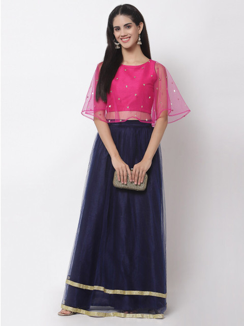studio rasa Pink & Gold-Toned Sequins Embroidered Sheer Net Cape Crop Top - Image 5