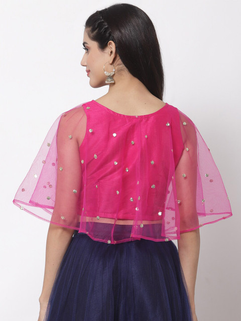 studio rasa Pink & Gold-Toned Sequins Embroidered Sheer Net Cape Crop Top - Image 4