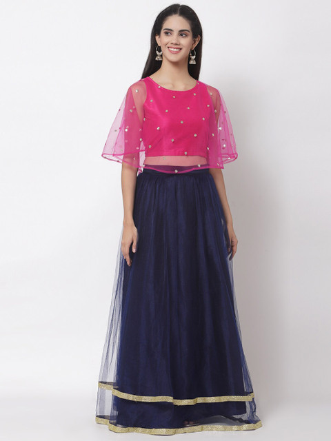 studio rasa Pink & Gold-Toned Sequins Embroidered Sheer Net Cape Crop Top - Image 6