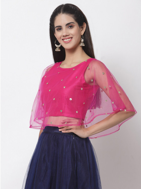 studio rasa Pink & Gold-Toned Sequins Embroidered Sheer Net Cape Crop Top - Image 3