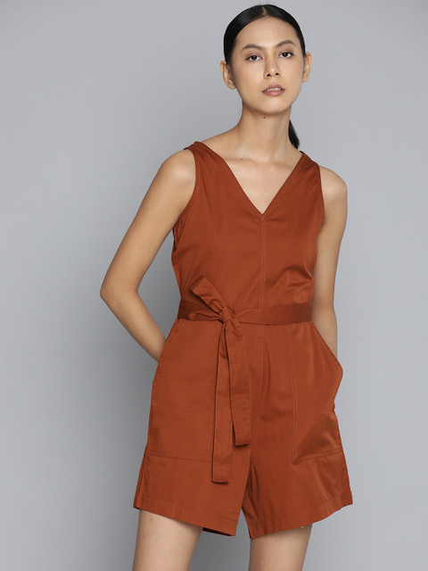 ether Rust Brown Pure Cotton Solid V-Neck Playsuit