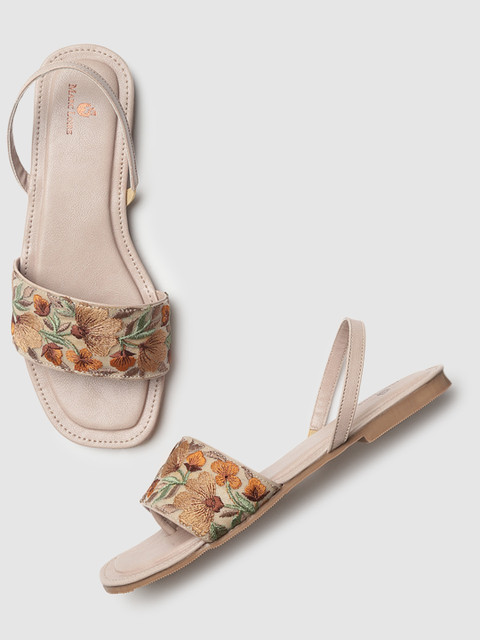 Marc Loire Women Cream-Coloured & Brown Embroidered Open Toe Flats