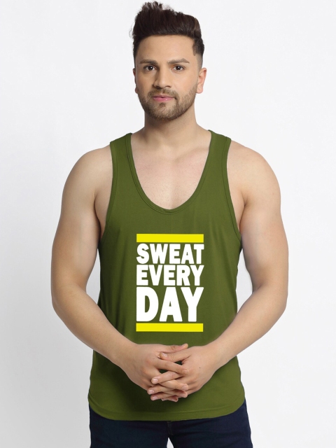 Friskers Men Olive Printed Pure Cotton Gym Vest