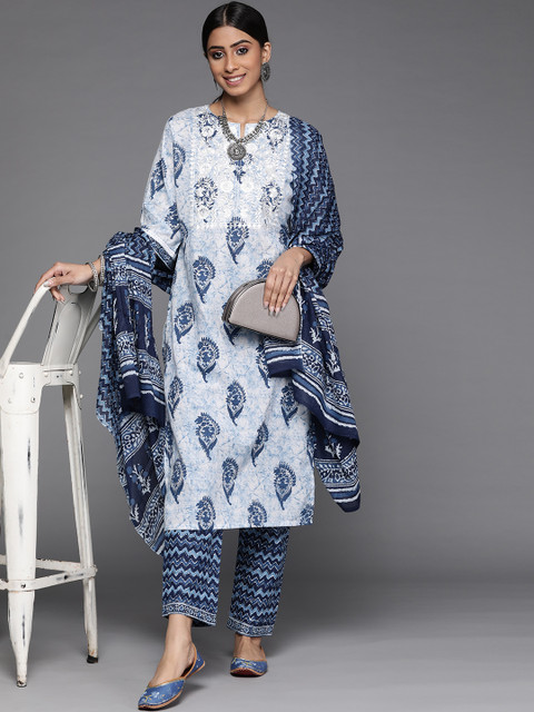 Libas Women White Paisley Motifs Printed Pure Cotton Kurta with Trousers & With Dupatta