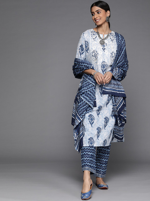 Libas Women White Paisley Motifs Printed Pure Cotton Kurta with Trousers & With Dupatta