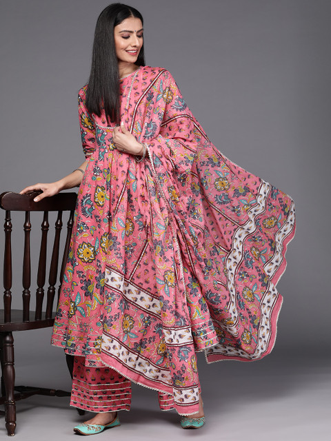 Libas Women Pink Floral Printed Panelled Pure Cotton Kurta with Palazzos & With Dupatta