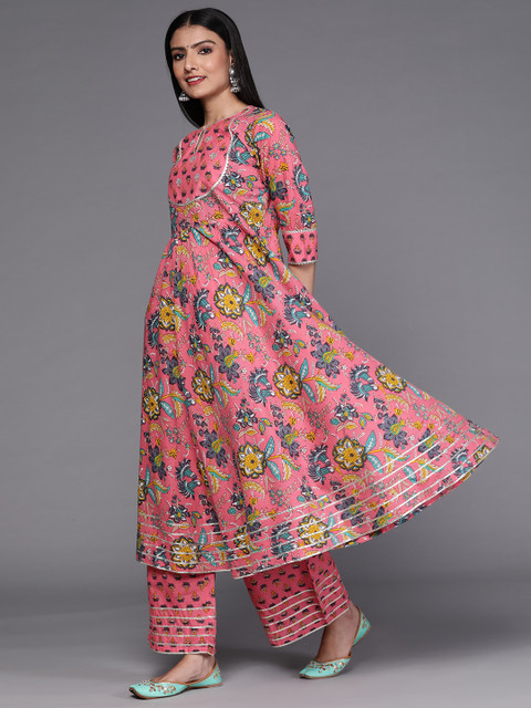 Libas Women Pink Floral Printed Panelled Pure Cotton Kurta with Palazzos & With Dupatta