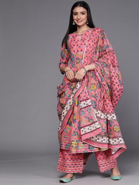 Libas Women Pink Floral Printed Panelled Pure Cotton Kurta with Palazzos & With Dupatta