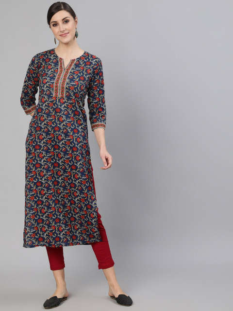 Nayo Women Blue7 Red Ethnic Motifs Printed Straight Kurta