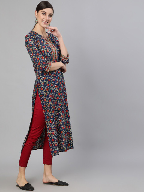 Nayo Women Blue7 Red Ethnic Motifs Printed Straight Kurta - Image 3