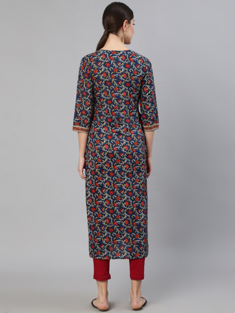 Nayo Women Blue7 Red Ethnic Motifs Printed Straight Kurta - Image 4