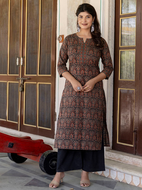 Nayo Women Multicoloured & bracken Ethnic Motifs Printed Keyhole Neck Chikankari Kurta