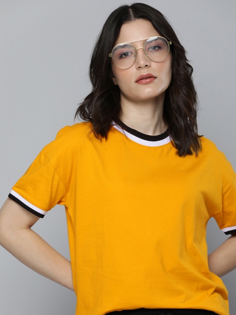 Harvard Women Mustard Yellow Solid Round-Neck Pure Cotton Casual T-shirt