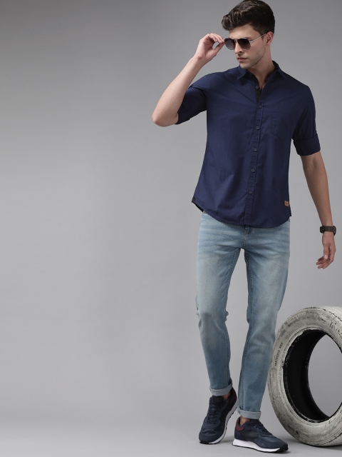 Roadster Men Navy Blue Pure Cotton Solid Casual Shirt - Image 6