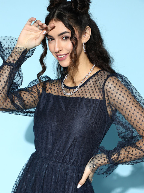plusS Women Deep Navy Blue Solid Net Dress - Image 5