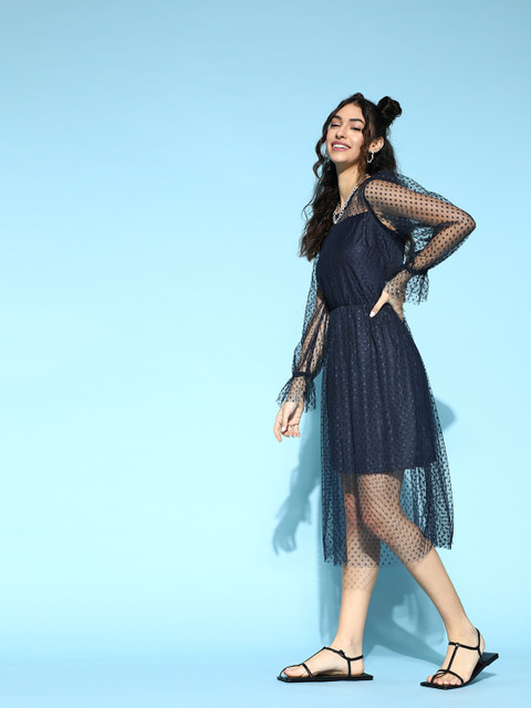 plusS Women Deep Navy Blue Solid Net Dress - Image 3