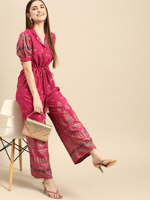 Anouk Women Magenta & Golden Ethnic Motifs Printed Basic Jumpsuit