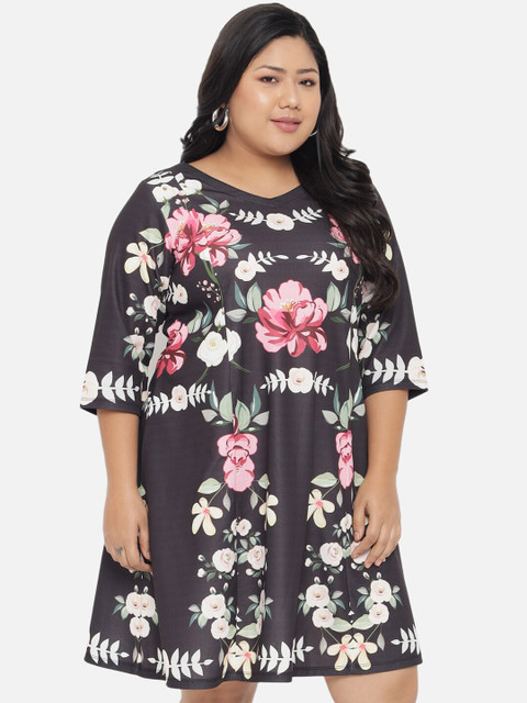 Amydus Women Black Floral Printed Plus Size Dress - Image 3