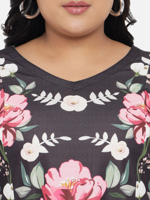 Amydus Women Black Floral Printed Plus Size Dress - Image 2