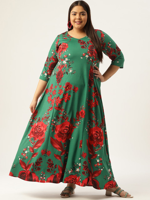 Amydus Women Plus Size Green & Red Floral Maxi Dress
