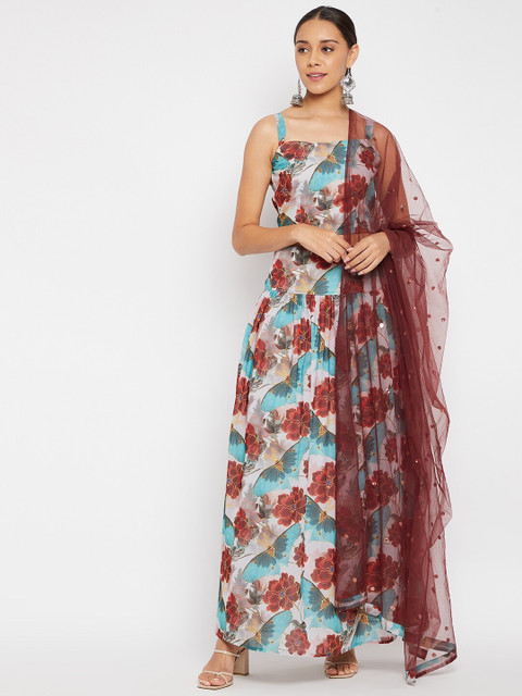 PANIT Blue & Maroon Printed Ready to Wear Lehenga & Blouse With Dupatta