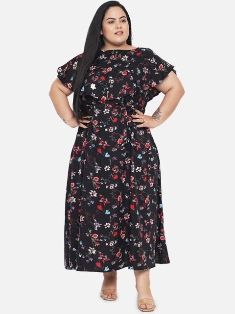 Indietoga Women Plus Size Black Floral Layered Crepe Maxi Dress - Image 7