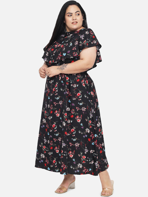 Indietoga Women Plus Size Black Floral Layered Crepe Maxi Dress - Image 4