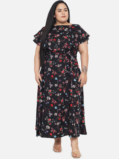 Indietoga Women Plus Size Black Floral Layered Crepe Maxi Dress