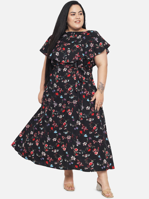 Indietoga Women Plus Size Black Floral Layered Crepe Maxi Dress - Image 6