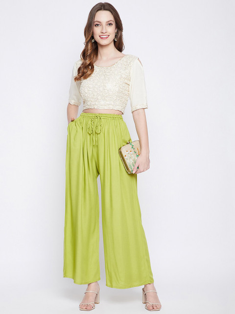 Clora Creation Women Pack Of 2 Yellow & Green Flared Knitted Ethnic Palazzos - Image 5