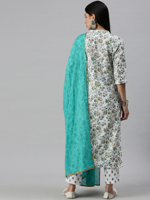 SHOWOFFFF Women White Floral Printed Kurta with Trousers & With Dupatta - Image 6