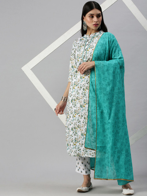 SHOWOFFFF Women White Floral Printed Kurta with Trousers & With Dupatta