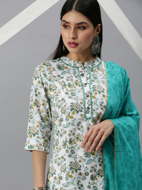 SHOWOFFFF Women White Floral Printed Kurta with Trousers & With Dupatta - Image 2