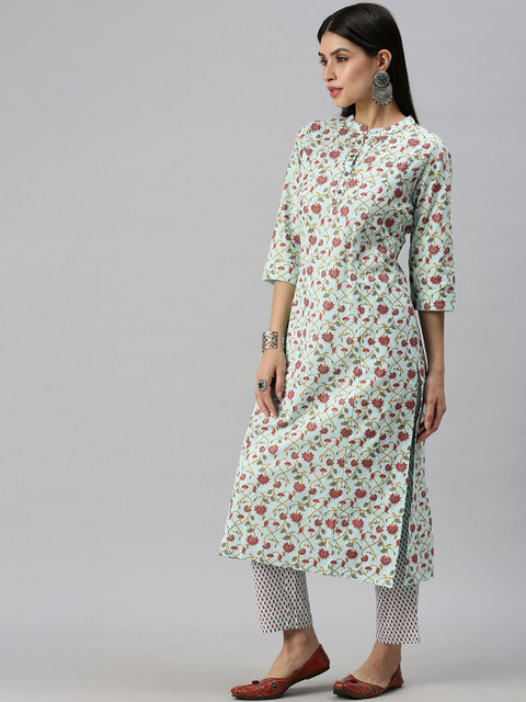 SHOWOFFFF Women Blue Floral Printed Sequinned Kurta with Trousers & With Dupatta - Image 5