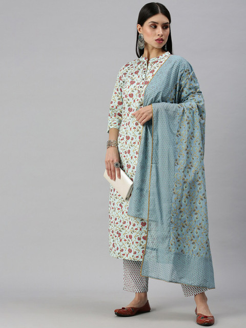 SHOWOFFFF Women Blue Floral Printed Sequinned Kurta with Trousers & With Dupatta - Image 7