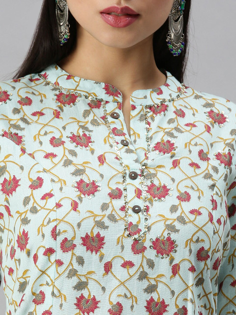 SHOWOFFFF Women Blue Floral Printed Sequinned Kurta with Trousers & With Dupatta - Image 2