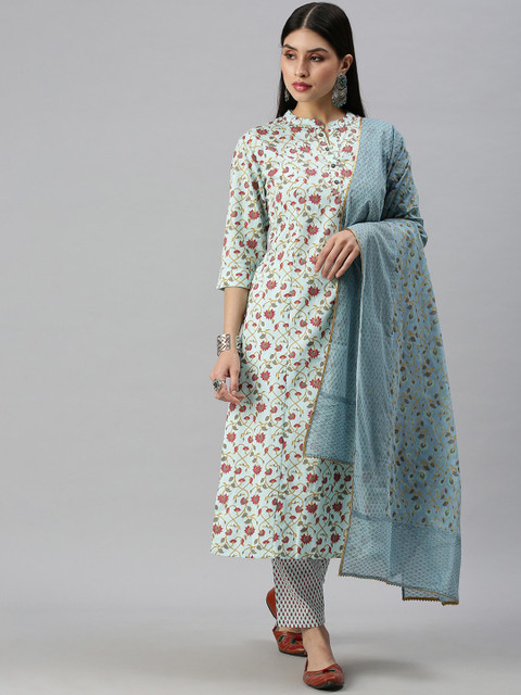 SHOWOFFFF Women Blue Floral Printed Sequinned Kurta with Trousers & With Dupatta