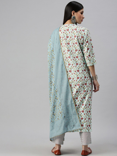 SHOWOFFFF Women Blue Floral Printed Sequinned Kurta with Trousers & With Dupatta - Image 6