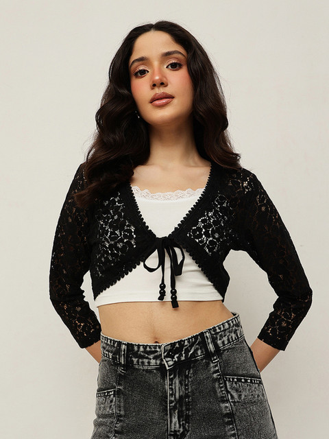 Espresso Women Black Tie-Up Lace Shrug