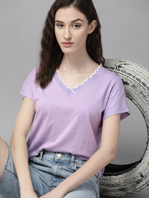 The Roadster Lifestyle Co. Women Lavender Solid Pure Cotton Extended Sleeves T-shirt