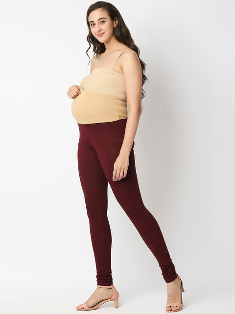 MeeMee Women Maroon Solid Churidar-Length Cotton Maternity Leggings - Image 3